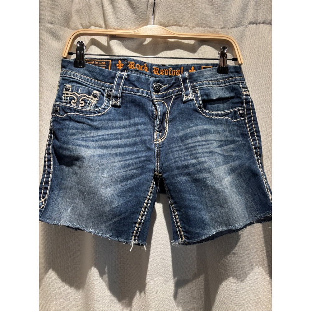 Rock Revival Ashlyn Easy Boot Denim Shorts Medium Wash Distressed Size 27